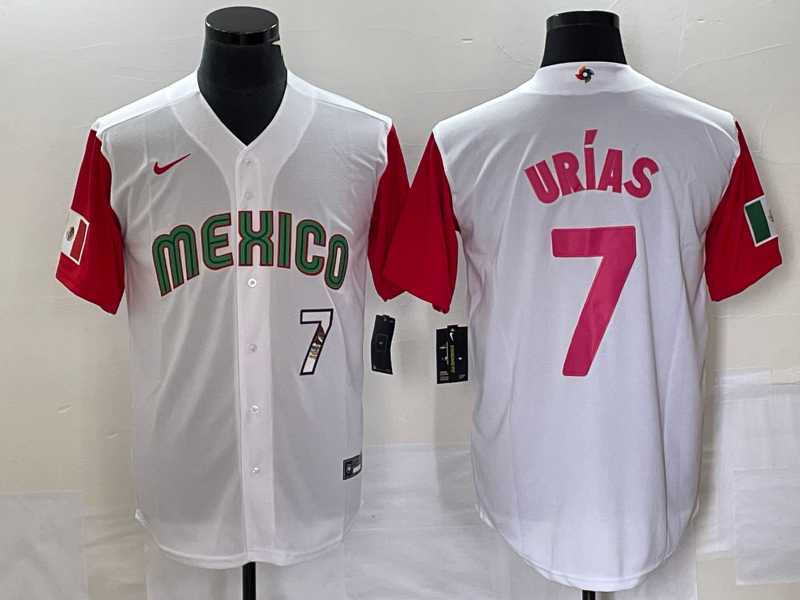 Men%27s Mexico Baseball #7 Julio Urias Number 2023 White Red World Classic Stitched Jersey 29